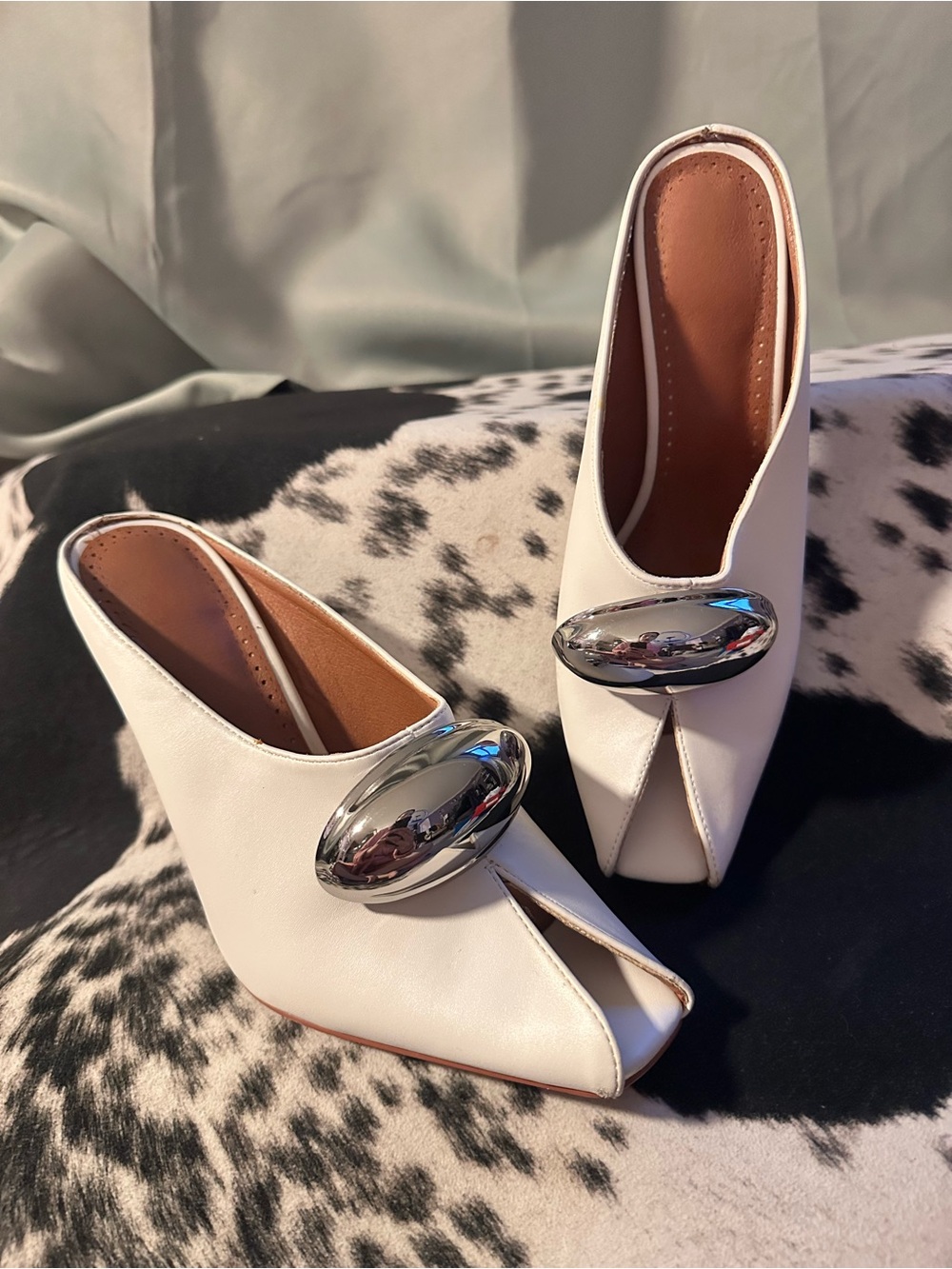 Amazon White Peep-Toe Mules with Silver Oval Accent